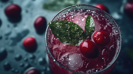 A close-up view of a refreshing red drink featuring ice, mint leaves, and berries, set on a dark surface, inviting and perfect for summer gatherings.の素材