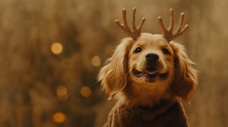 A joyful puppy wearing sparkling antlers poses against a warm festive background, capturing the spirit of celebration and happiness in nature.の素材