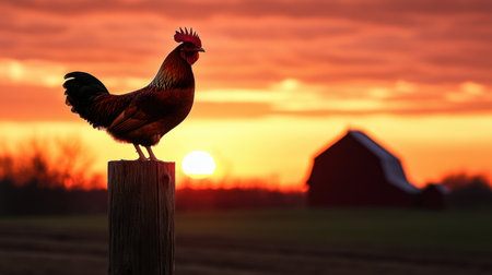 A majestic rooster stands tall on a wooden post, silhouetted against a vibrant sunset. The scene captures the essence of farm life, with a distant red barn.の素材