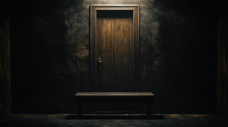 A captivating image showcasing a wooden door in a dark room, accompanied by a simple bench. The eerie atmosphere evokes feelings of mystery and suspense, making it ideal for various creative projects.の素材