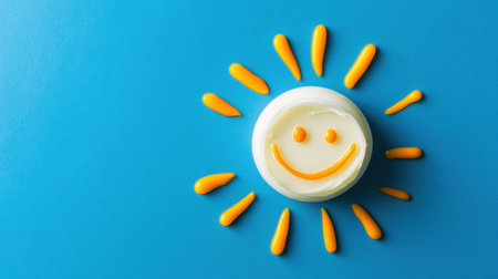 This vibrant image features a cheerful sun design made with yellow sauce on a bright blue surface, symbolizing happiness and creativity in food presentation.の素材