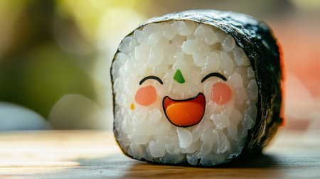 A whimsical sushi character with a smiling face, set against a vibrant background. Perfect for showcasing creativity and joy in food culture.の素材