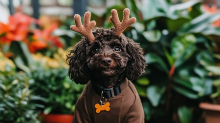 A charming dog dressed in reindeer antlers poses indoors among vibrant green plants, exuding joy and whimsy in a festive atmosphere. Perfect for holiday themes.の素材