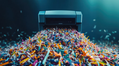 A modern document shredder is overflowing with colorful shredded paper, creating a visually striking scene. This image showcases the chaos and vibrancy of paper waste management in an office environment.の素材