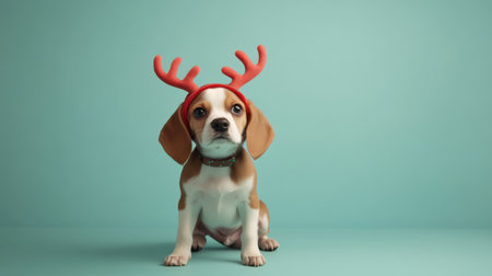 Adorable beagle puppy wearing red antlers for a fun holiday portrait. Perfect image for capturing festive joy, winter spirit, and cute pet moments.の素材