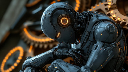 A futuristic robot sits quietly among intricate machinery, highlighting themes of technology and introspection. The glowing details enhance the scene's emotional depth.の素材