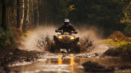An adventurous rider navigates a muddy course on an all-terrain vehicle, splashing through water and dirt in a dense forest. Exciting outdoor action!の素材