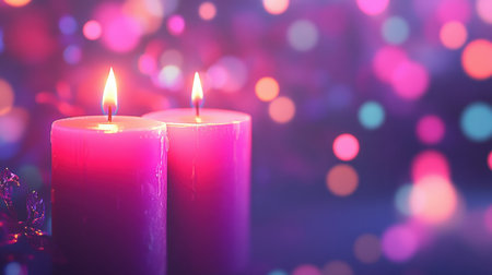 Two lit purple candles create a serene atmosphere against a colorful bokeh background. The soft glow and inviting ambiance evoke warmth and tranquility.の素材
