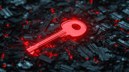 A striking red neon key stands out against a dark, textured background. Ideal for themes of security, access, and technology, this vivid image captures attention with its modern design and glowing effect.の素材