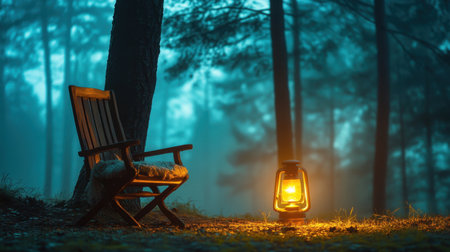 A serene forest scene features a wooden chair beside a glowing lantern in a misty environment, creating a peaceful atmosphere perfect for relaxation and contemplation.の素材