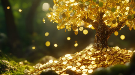 Beautiful golden tree filled with coins, surrounded by shimmering light, conveys abundance and wealth in a serene and magical forest setting.の素材
