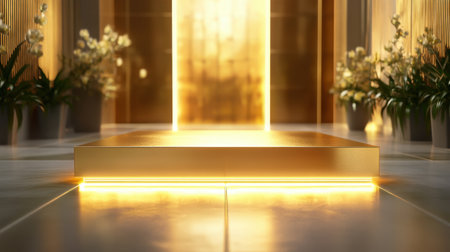 A stunning golden platform bathed in warm light enhances a modern interior. Lush plants frame the scene, creating an inviting ambiance of luxury and elegance.の素材