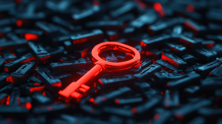 A vibrant red key stands out against a bed of dark black objects in a moody, atmospheric setting, symbolizing unlocking potential and mystery in a creative design.の素材
