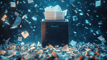 A dynamic scene featuring a black paper shredder amidst flying papers in a blue-lit atmosphere, capturing the essence of productivity and chaos in an office environment.の素材