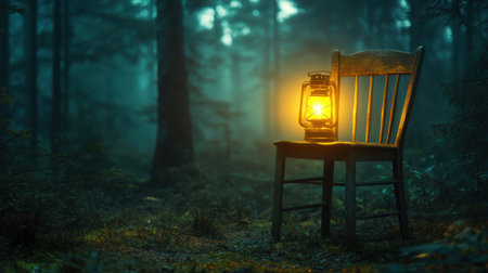 A vintage lantern casts a warm glow on a rustic chair in a tranquil forest, creating an enchanting atmosphere perfect for evoking feelings of nostalgia and peace.の素材
