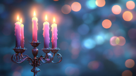This image features an elegant candelabra with four lit candles in vibrant colors, set against a soft focus bokeh background. Perfect for evoking a warm and romantic atmosphere.の素材