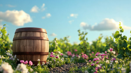 A charming wooden barrel sits amid vibrant flowers and verdant vines in a picturesque vineyard. The scene captures the essence of nature and tranquility.の素材