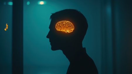 This artistic image presents a silhouette of a human head with a glowing brain visualization. It symbolizes creativity, thought, and modern innovation, emphasizing the blend of art and science.の素材