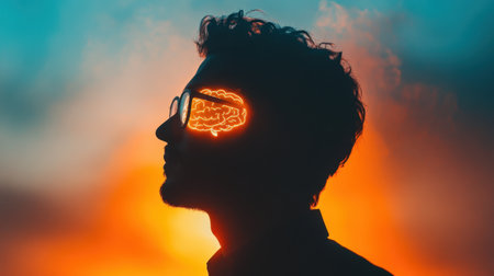 A striking profile silhouette of a man wearing glasses, showcasing a glowing brain against a vibrant sunset. This image symbolizes creativity and imagination.の素材