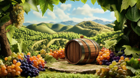 A picturesque vineyard scene featuring a wooden barrel among vibrant grape clusters and lush green hills. Ideal for nature and wine themes.の素材