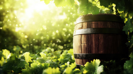 A rustic wooden barrel nestled among vibrant green grapevines, illuminated by soft sunlight, embodying the essence of wine production and serene natural beauty.の素材