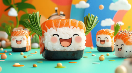 Adorable cartoon sushi characters with smiling faces sit against a vibrant background, creating a playful and whimsical food scene perfect for designs related to happiness and dining.の素材