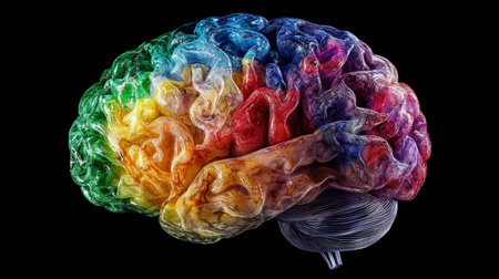 This vivid abstract image showcases a colorful representation of a human brain, emphasizing creativity and emotions through swirling vibrant colors. Perfect for artistic and scientific themes.の素材