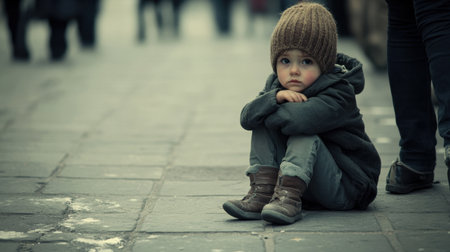 A young child sits alone on a busy sidewalk, showcasing emotions of sadness and loneliness amidst the hustle of the city, offering a poignant reflection on urban childhood.の素材
