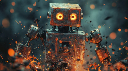 A vintage robot stands amidst flying sparks and bright flames, creating a mesmerizing contrast against a dark background. This dynamic scene embodies creativity and technology.の素材