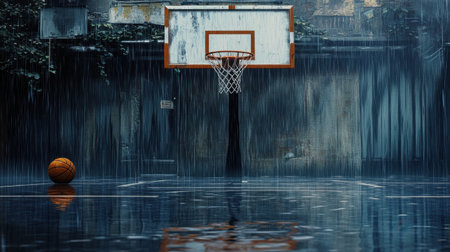 A rain-soaked basketball court displays a solitary ball under a gloomy sky, capturing the essence of abandonment and nostalgia in sports environments.の素材