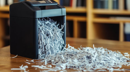A modern paper shredder sits on a wooden table with shredded paper spilling out. This image emphasizes document safety and office organization, ideal for business or domestic settings.の素材