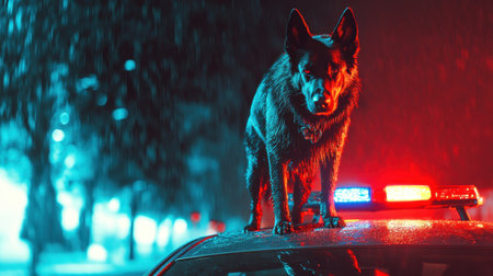 A striking image of a police dog standing confidently on a patrol car during a rainy night. The illuminated emergency lights enhance the heroic atmosphere.の素材