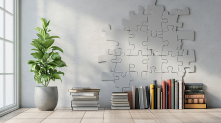 A serene modern living space featuring a puzzle wall design and neatly arranged bookshelves. A vibrant indoor plant adds a touch of nature and life.の素材