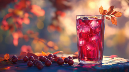 A vibrant glass of refreshing berry drink filled with ice cubes, surrounded by colorful leaves and berries, capturing the essence of summer and nature's beauty.の素材