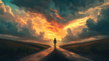 A solitary figure stands at a crossroads, surrounded by a stunning sunset sky filled with dramatic clouds, symbolizing choices and life's journey.の素材