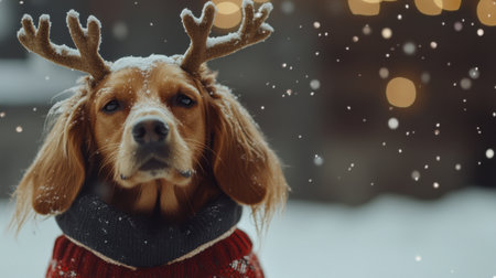 An adorable dog wearing festive antlers and a cozy sweater stands in a snowy setting, exuding warmth and joy amid falling snowflakes, capturing the essence of winter festivities.の素材