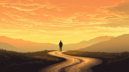 A solitary figure walks along a winding path at sunset, surrounded by scenic hills. The soft hues of orange and yellow create a serene and tranquil atmosphere, inviting reflection.の素材