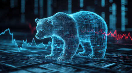 A striking 3D digital bear representing market trends, intertwined with data visualizations. Ideal for financial, technology, and business concepts.の素材