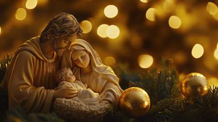 A beautiful figurine depicting Mary, Joseph, and Baby Jesus surrounded by warm golden lights, perfect for capturing the essence of Christmas spirit and family unity.の素材