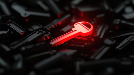 A striking image of a glowing red key standing out among many black keys. This visually appealing composition represents concepts of security, mystery, and illumination.の素材
