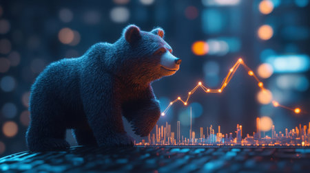 A detailed bear figurine stands atop a digital surface, showcasing stock market trends with vibrant data visualizations, symbolizing market analysis and finance.の素材