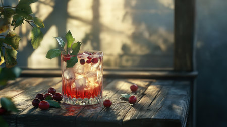 A refreshing cocktail featuring berries and ice, artfully arranged on a rustic wooden table, illuminated by soft sunlight, perfect for summer gatherings.の素材