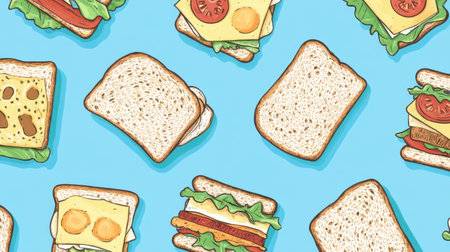 A vibrant pattern of illustrated sandwiches showcasing various ingredients on a bright blue background. Perfect for food-related concepts or creative projects.の素材