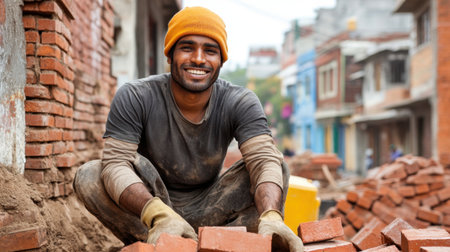A joyful construction worker sits among bricks, showcasing a warm smile and dedication to his craft. The urban backdrop highlights community development.の素材