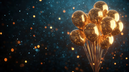 An enchanting display of gold balloons glistening against a backdrop of sparkling bokeh lights, perfect for adding a touch of elegance to celebrations and joyful events.の素材