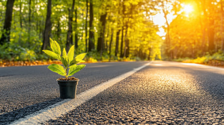 A young green plant sits in a pot on an empty road, surrounded by vibrant trees and warm sunlight, symbolizing growth and resilience in nature.の素材