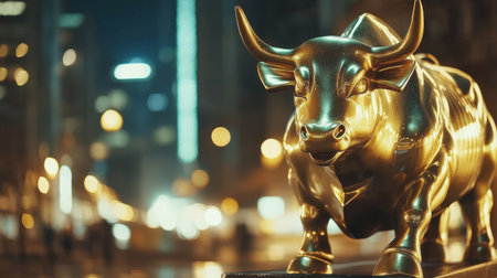 A stunning golden bull statue stands prominently in an urban landscape during the night, surrounded by blurred city lights, symbolizing finance and growth.の素材