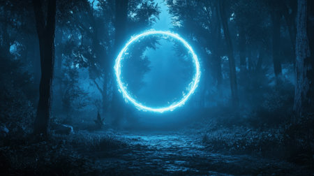 A captivating blue portal hovers in a dark forest, surrounded by an ethereal glow. This mystical scene evokes a sense of adventure and tranquility in nature.の素材