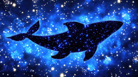 A captivating whale silhouette filled with stars, set against a deep blue cosmic backdrop, showcasing the beauty and mystery of the universe in a unique artistic design.の素材