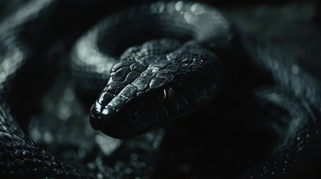 A striking close-up of a dark black snake coiled in shadows, showcasing its intricate scales and glossy texture. This image captures the eerie beauty and elegance of this exotic reptile.の素材